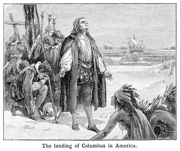 【大判】イアン・ラムジー『Columbia Landing』額入りアートプリント Columbus Landing in America Print, 1897 Engraving. Art Prints