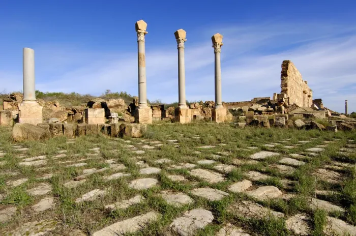 Framed Print : Columns with corinthian capital, Ruins of the Roman City Leptis Magna, Libya Framed Print : Columns with corinthian capital, Ruins of the Roman City Leptis Magna, Libya