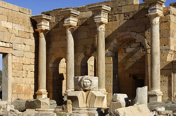 Columns and head of a Medusa Severus Forum Leptis Magna Libya