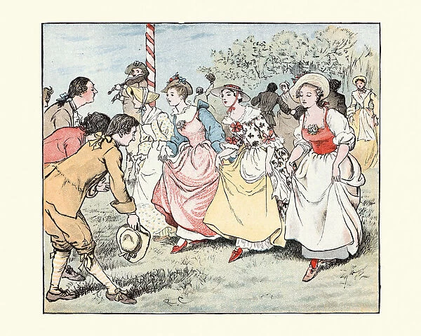 Come, Lasses And Lads, Young men and women dancing by the maypole, 19th Century
