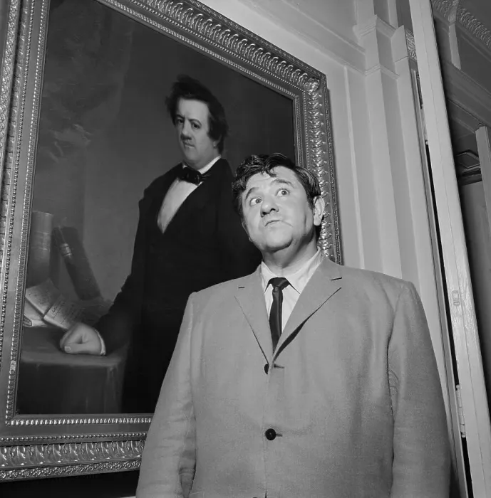 Framed Print : Comedian Buddy Hackett Posing by Portrait of Mayor Robert Morris Framed Print : Comedian Buddy Hackett Posing by Portrait of Mayor Robert Morris