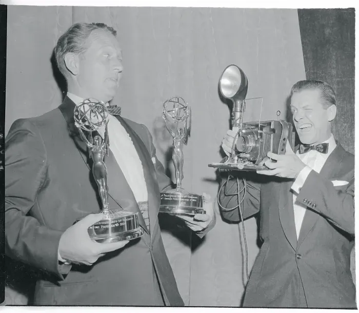 Framed Print : Comedian Robert Cummings Photographing Art Linkletter Holding Awards Framed Print : Comedian Robert Cummings Photographing Art Linkletter Holding Awards