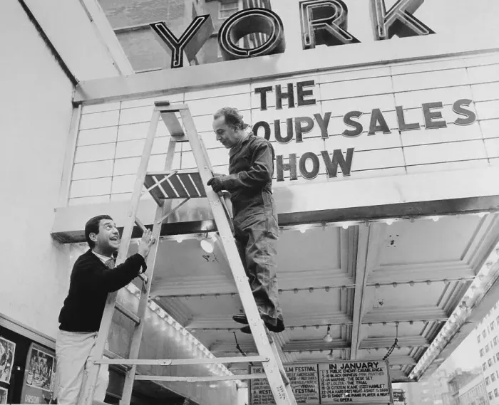 Framed Print : Comedian Soupy Sales Chatting with Worker at York Theater Entrance Framed Print : Comedian Soupy Sales Chatting with Worker at York Theater Entrance