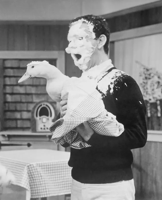 Framed Print : Comedian Soupy Sales with a Whipped Cream Face Holding a Duck Framed Print : Comedian Soupy Sales with a Whipped Cream Face Holding a Duck