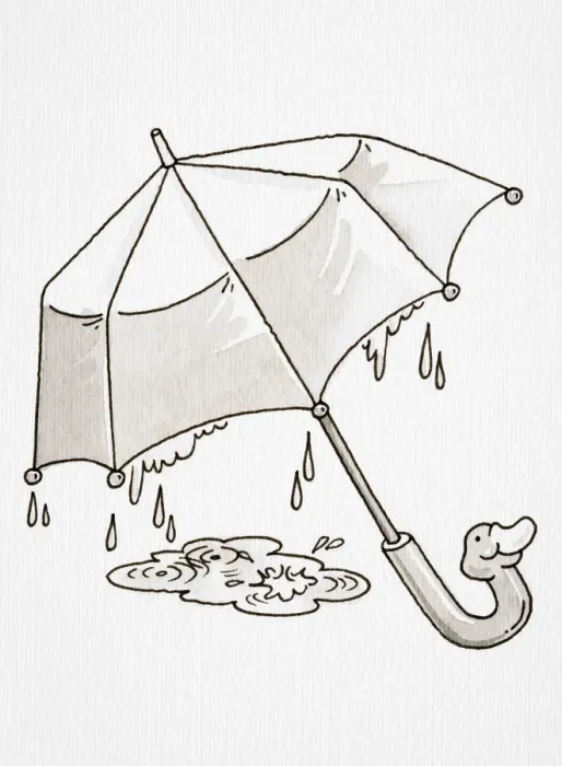 Framed Print : Comic depiction of open umbrella with duck-face handle, and rain drops forming puddle