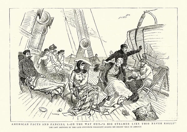 Comic sketch of passengers travelling to America on a steamer 1880s