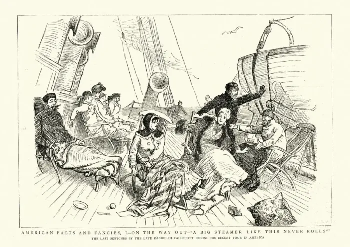 Framed Print : Comic sketch of passengers travelling to America on a steamer 1880s Framed Print : Comic sketch of passengers travelling to America on a steamer 1880s