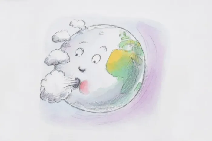 Framed Print : Comical depiction of Earth globe with face blowing clouds from mouth