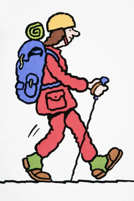 Framed Print : Comical depiction of Polar explorer with heavy backpack, holding ski poles Framed Print : Comical depiction of Polar explorer with heavy backpack, holding ski poles