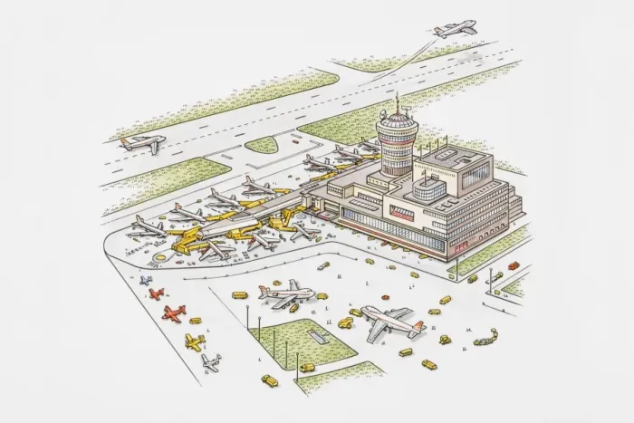 Framed Print : Commercial airport including terminal building and runway Framed Print : Commercial airport including terminal building and runway