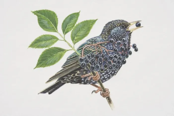 Framed Print : Common Starling (Sturnus vulgaris), illustration of black bird with speckles perched on branch eating berries Framed Print : Common Starling (Sturnus vulgaris), illustration of black bird with speckles perched on branch eating berries