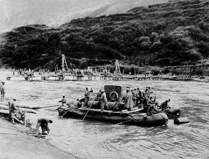 Framed Print : Communist Troops Coming to Tibet Shore in Raft Framed Print : Communist Troops Coming to Tibet Shore in Raft