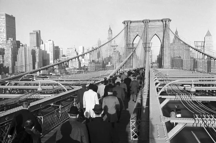 Framed Print : Commuters Walk Across the Brooklyn Bridge Framed Print : Commuters Walk Across the Brooklyn Bridge
