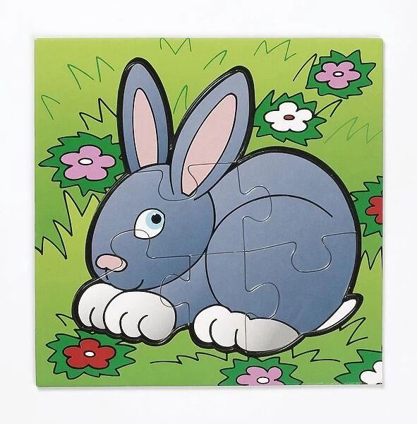 Completed puzzle depicting rabbit in field, close up