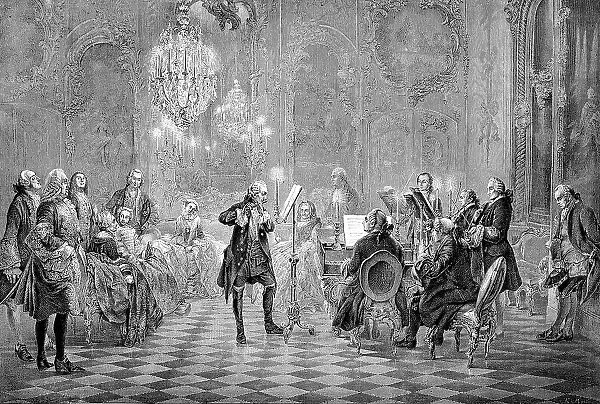 A concert by Frederick the Great, 1712 to 1786, here in Potsdam, Germany, Historisch, historical, digitally improved reproduction of an original from the 19th century, digitally restored reproduction of an original from the 19th century