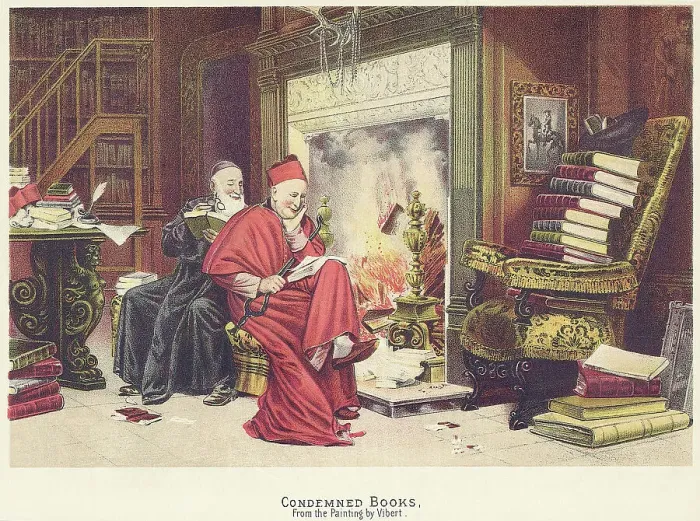 Framed Print : Condemned Books after a painting by Jehan Georges Vibert Framed Print : Condemned Books after a painting by Jehan Georges Vibert