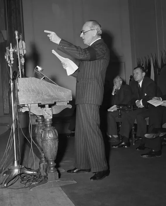 Framed Print : Conductor Koussevitsky Making Speech Framed Print : Conductor Koussevitsky Making Speech