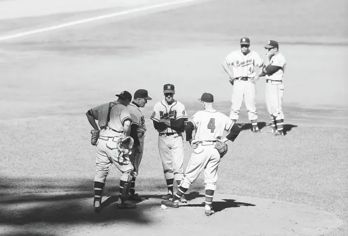 Framed Print : Conference on Pitcher's Mound During 1957 World Series