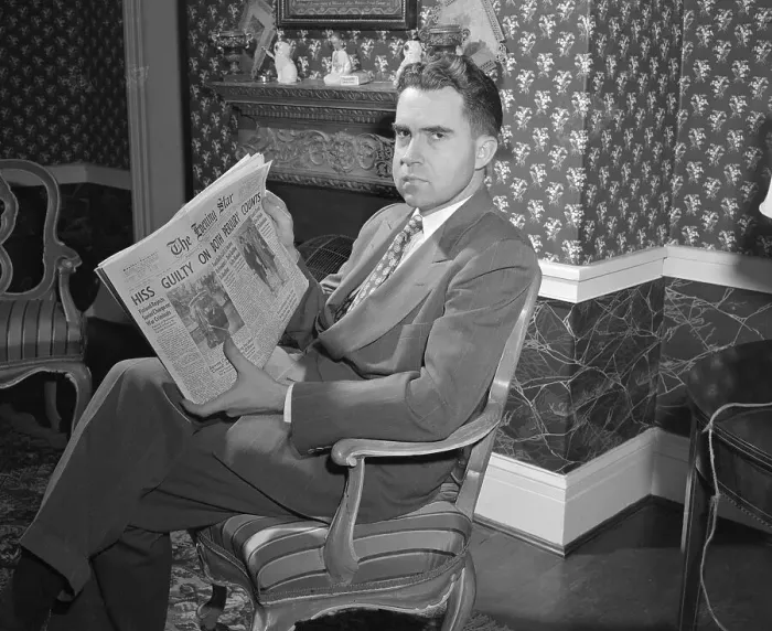 Framed Print : Congressional Representative Richard Nixon Holding Newspaper Framed Print : Congressional Representative Richard Nixon Holding Newspaper