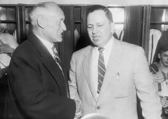 Framed Print : Conn Smythe Shaking Hands with Jim Skinner Framed Print : Conn Smythe Shaking Hands with Jim Skinner