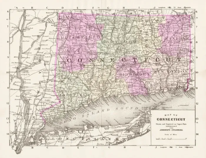Framed Print : Connecticut map 1893 Framed Print : Connecticut map 1893