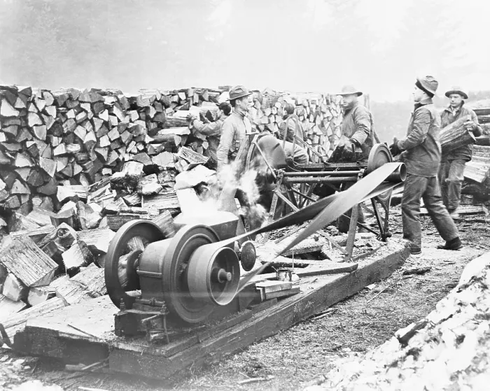 Framed Print : Conscientious Objectors Working with Log Cutting Machinery