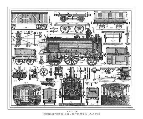 Construction of Locomotives and Railway Cars Engraving Antique Illustration, Published