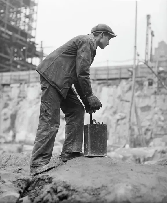 Framed Print : Construction Worker with Detonating Device Framed Print : Construction Worker with Detonating Device