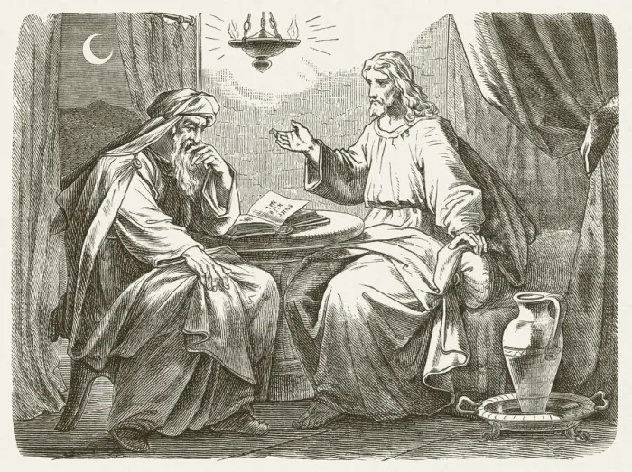 Framed Print : Conversation with Nicodemus (John 3), wood engraving, published in 1877 Framed Print : Conversation with Nicodemus (John 3), wood engraving, published in 1877