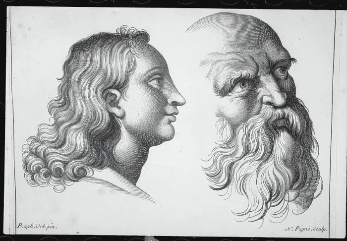 Framed Print : Copper Engraving of Young Girl and Old Man Framed Print : Copper Engraving of Young Girl and Old Man