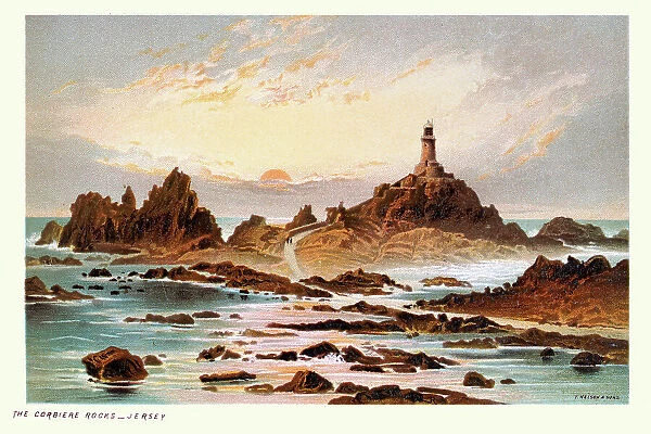 Corbiere Rocks and Lighthouse, Jersey, Channel Islands, Rocky coastline, Victorian landscape art 19th Century