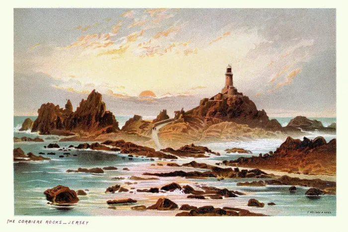 Framed Print : Corbiere Rocks and Lighthouse, Jersey, Channel Islands, Rocky coastline, Victorian landscape art 19th Century Framed Print : Corbiere Rocks and Lighthouse, Jersey, Channel Islands, Rocky coastline, Victorian landscape art 19th Century
