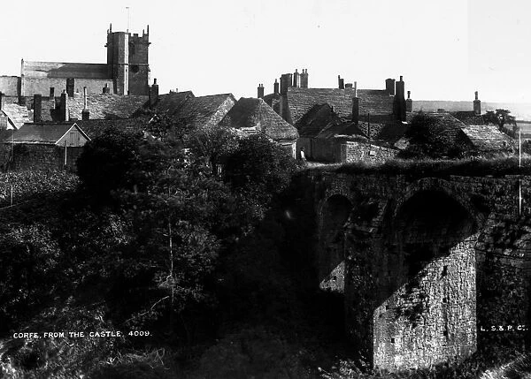 Corfe. circa 1900: Corfe, Dorset, seen from Corfe Castle