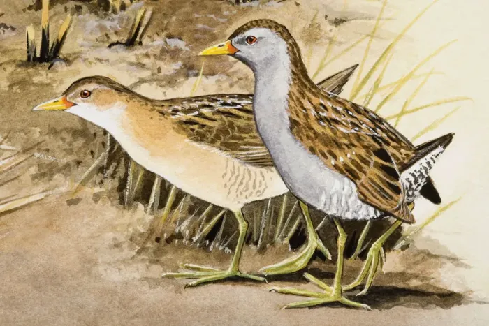 Framed Print : Corncrake (Crex crex), two birds standing side by side, side view Framed Print : Corncrake (Crex crex), two birds standing side by side, side view
