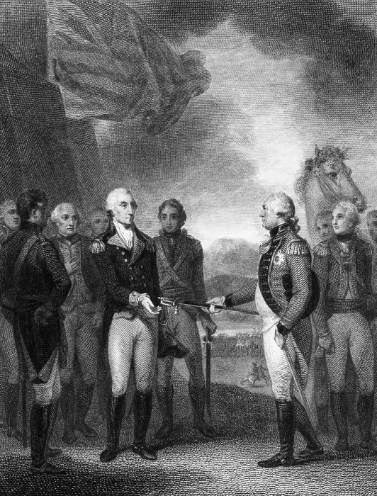 Framed Print : Cornwallis Gives Sword to Washington Framed Print : Cornwallis Gives Sword to Washington