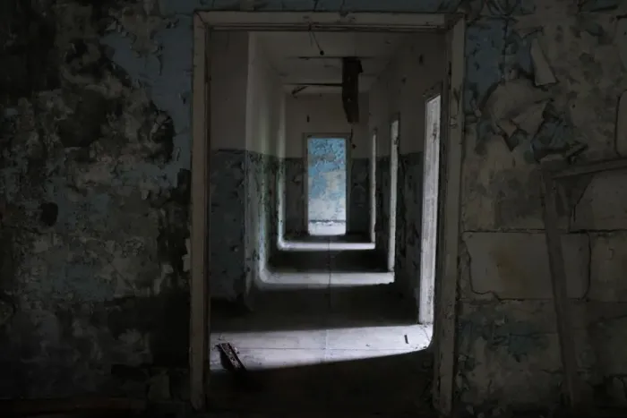 Framed Print : Corridor. Ghost town of Pripyat, near the Chernobyl nuclear reactor