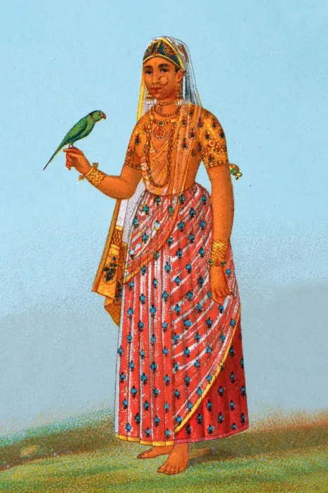 Framed Print : Costume of a Maratha Indian woman holding parrot Framed Print : Costume of a Maratha Indian woman holding parrot