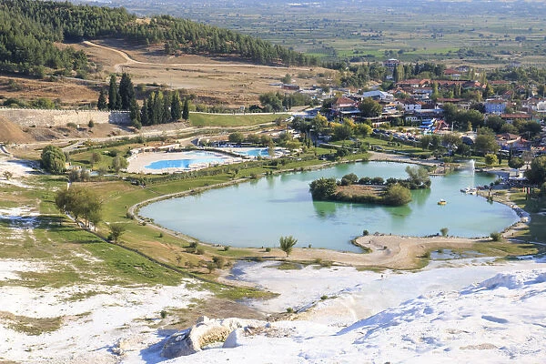 Cotton castle natural site of hot springs and travertines, terraces of carbonate mineral pools, Pamukkale, River Menderes valley, Denizli Province, Turkey