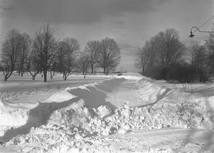 Framed Print : Country road in snow, (B&W)