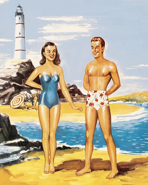 Couple on the Beach by a Lighthouse