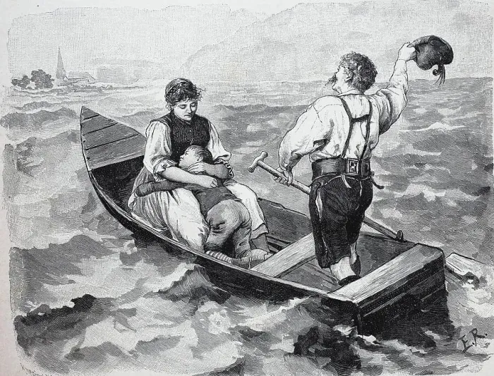 Framed Print : Couple with child crossing the lake in a barge, Austria, Historic, digitally restored reproduction of an original 19th-century original