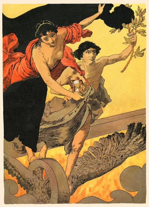 Framed Print : Couple flying near wheel with wings representing railroad technology art nouveau 1896 Framed Print : Couple flying near wheel with wings representing railroad technology art nouveau 1896