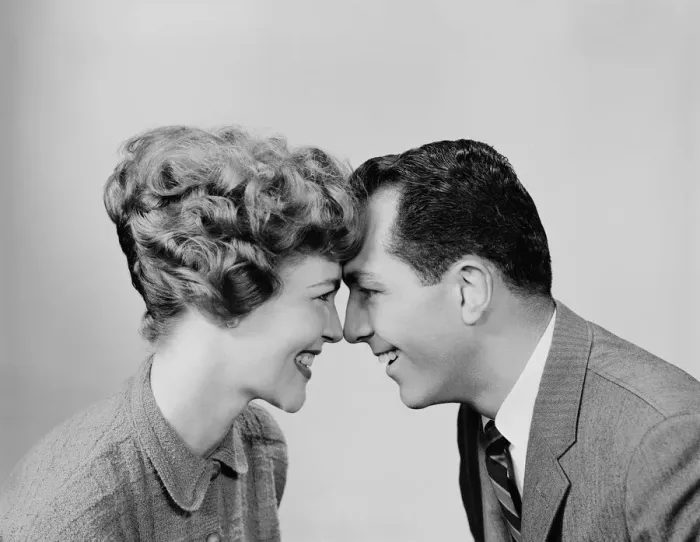 Framed Print : Couple, head to head, smiling and looking into each others eyes Framed Print : Couple, head to head, smiling and looking into each others eyes