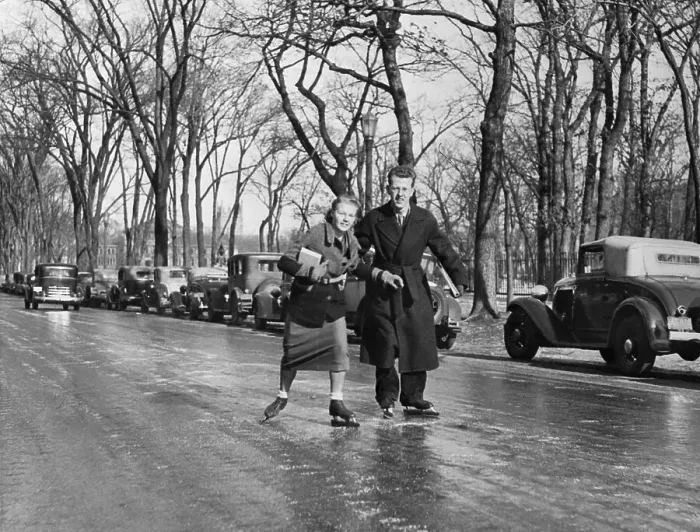 Framed Print : Couple Ice Skating on Street After Freezing Rain Framed Print : Couple Ice Skating on Street After Freezing Rain
