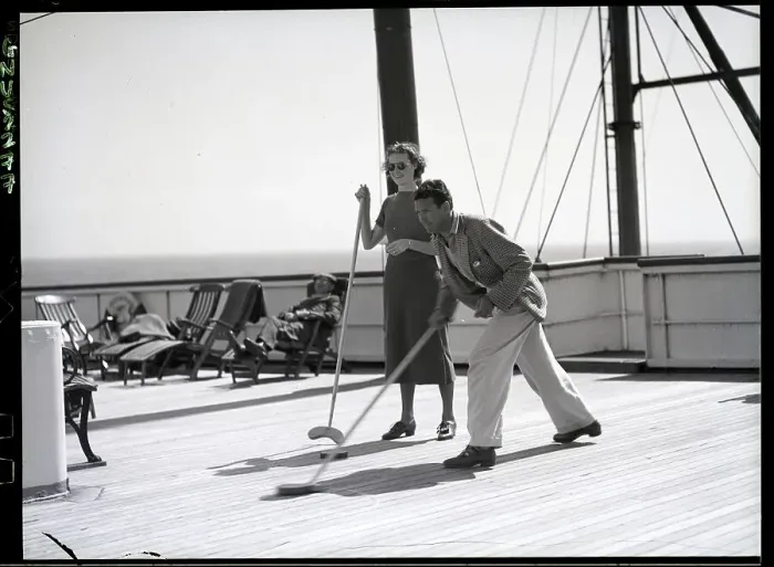 Framed Print : Couple Playing Shuffle Board on Ocean Liner Framed Print : Couple Playing Shuffle Board on Ocean Liner