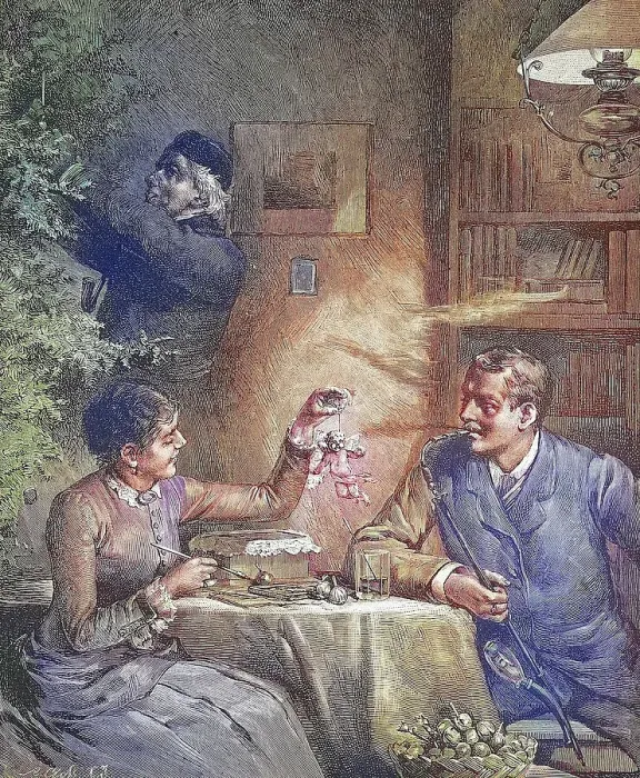 Framed Print : Couple preparing for Christmas Eve, the woman painting Christmas tree decorations, angel, man smoking a pipe, at home, Germany, around 1885, Historic, digitally restored reproduction from a 19th century original, Couple preparing for Christmas Eve