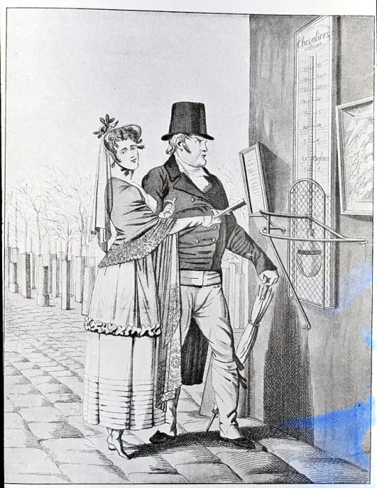 Framed Print : Couple At Public Thermometer Ca. 1820 Framed Print : Couple At Public Thermometer Ca. 1820