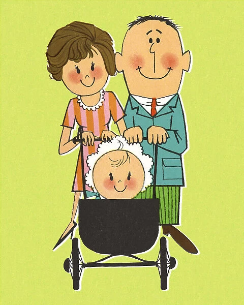 Couple Pushing a Baby in a Stroller