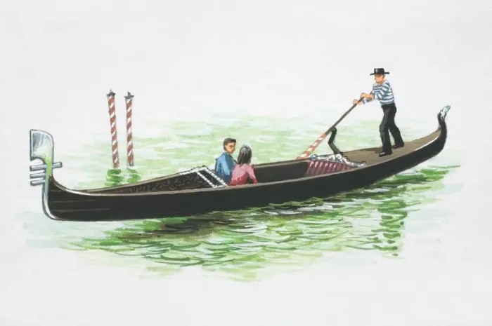 Framed Print : A couple travelling in an Italian Gondola Framed Print : A couple travelling in an Italian Gondola