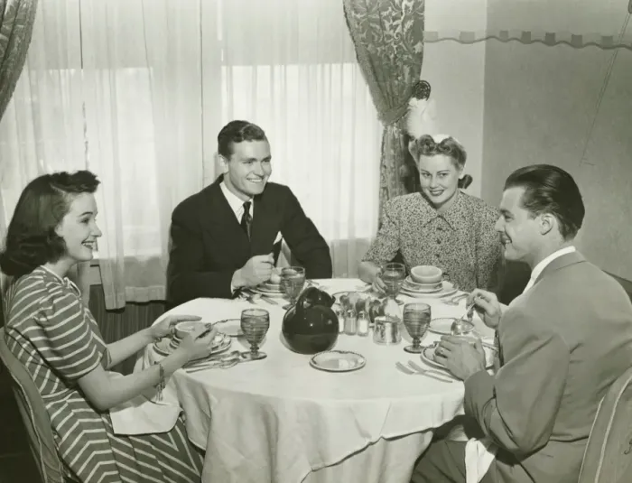 Framed Print : Two couples having dinner, (B&W) Framed Print : Two couples having dinner, (B&W)